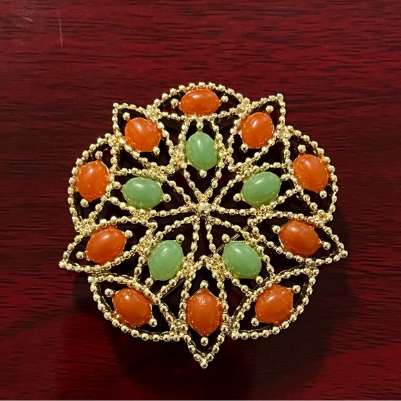 Sarah Coventry Orange & Green Cabochon Brooch - Picture 3 of 12